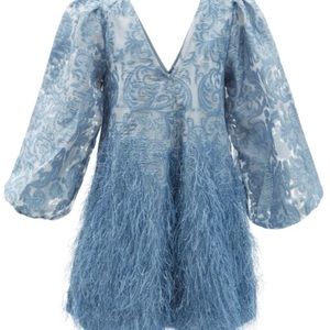 ISO Ganni blue feather-trimmed brocade mini dress!